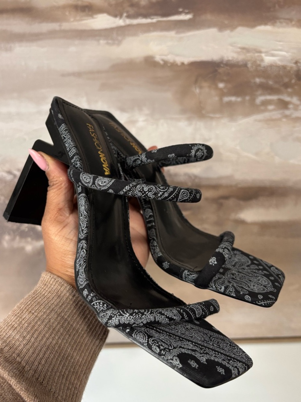 FASHION NOVA Black Paisley-Print Strappy Block Heels